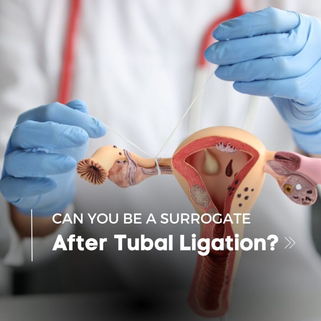 A doctor's gloved hands demonstrating tubal ligation with the text "Can You Be a Surrogate After Tubal Ligation?" in the foreground.