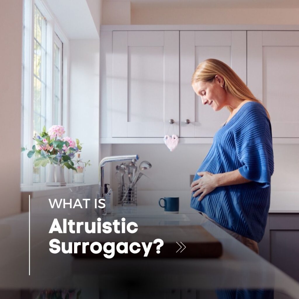 An altruistic surrogate, pregnant, standing in a kitchen with the text "What Is Altruistic Surrogacy?" superimposed.