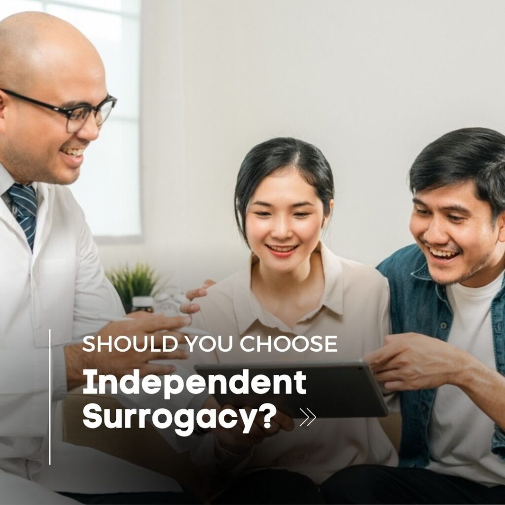 A young couple being consulted by a doctor with the text "Should You Choose Independent Surrogacy?" superimposed.