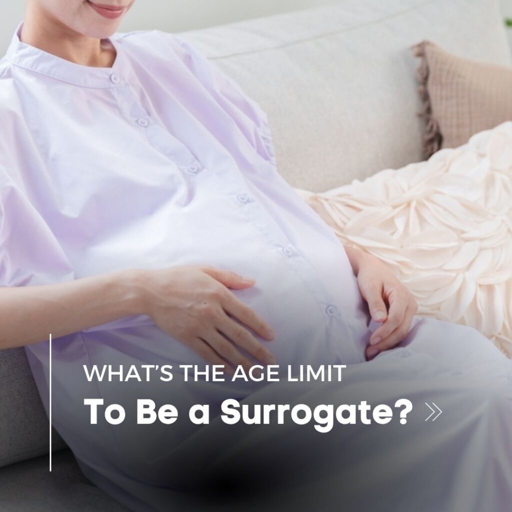 An older pregnant woman holding her belly with the text "What's the Age Limit to Be a Surrogate?" superimposed.
