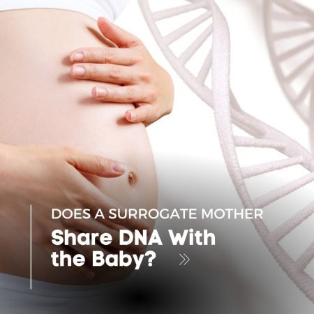 Image of a pregnant woman holding her belly with a rendering of DNA in the background.